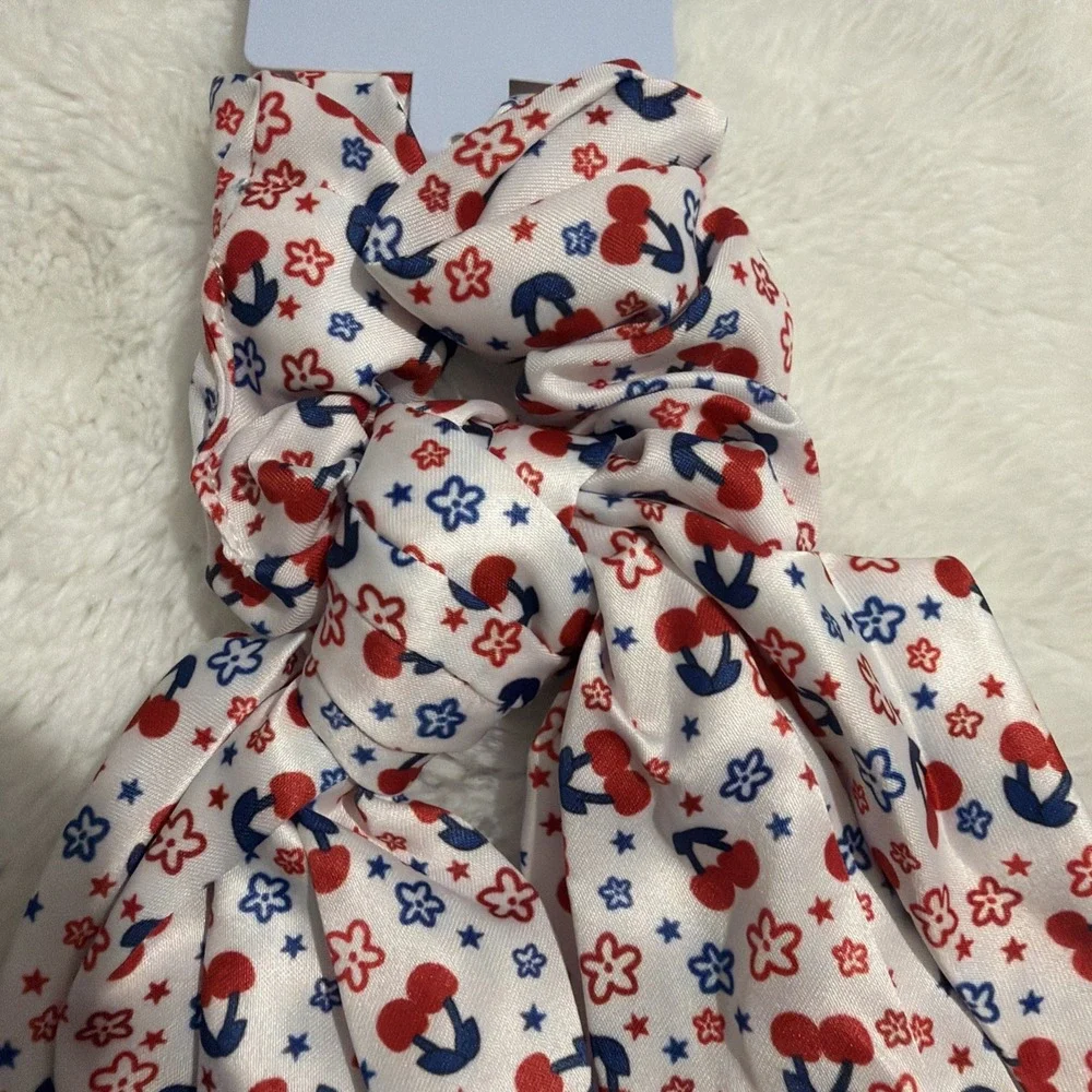 Oh My Stars Twister With Tails Hair Scrunchie, Americana Stars & Cherries, NWT